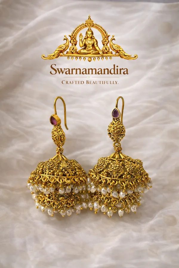 Traditional_Gold_Toned_Temple_Jhumka_Earrings_With_Pearl_Bead_Fringe