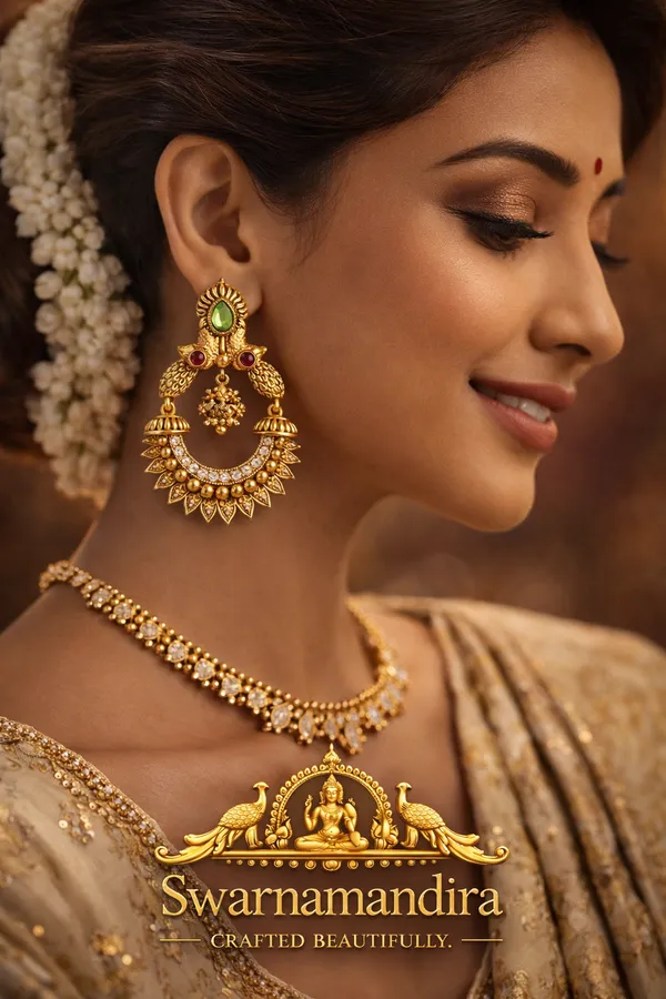 Antique_Gold_Chandbali_Temple_Earrings_With_Green_And_Red_Stones