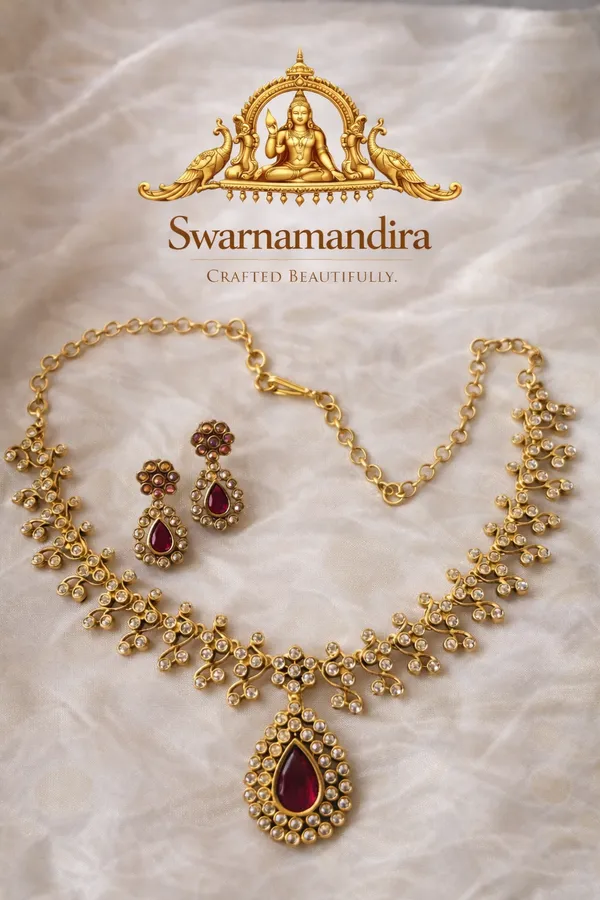 Antique_Gold_Plated_Temple_Jewelry_Necklace_Set_With_Red_Stone_Pendant_And_Earrings