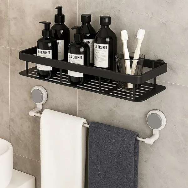 Black::White_Plastic_Premium_Bathroom_Combo_Adhesive_Wall_Shelves_And_Towel_Holder_Wall_Shelf