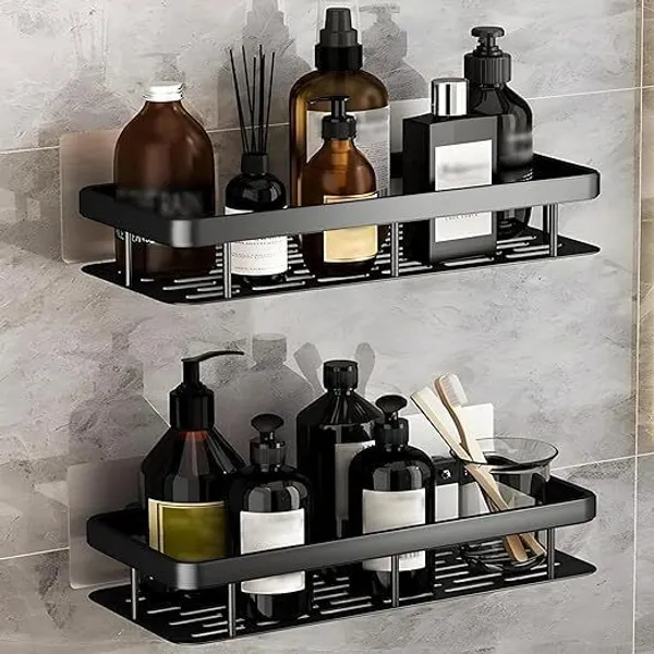 Black::White_Plastic_Premium_Bathroom_Combo_Adhesive_Wall_Shelves_And_Towel_Holder_Wall_Shelf