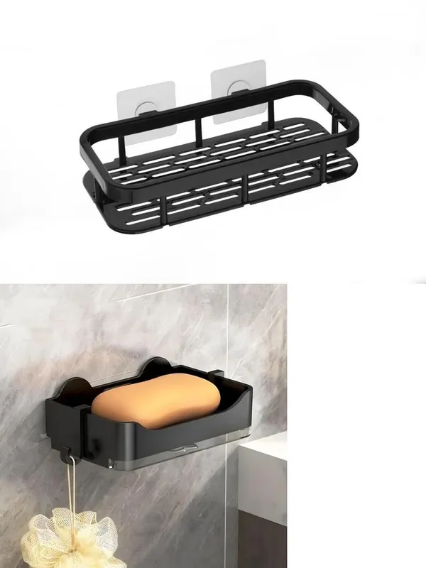 Black_Plastic_Soap_Dish_With_Drainage_Box_And_Lid_Soap_Holder_Wall_Mounted_Double_Grid_Wall_Shelf