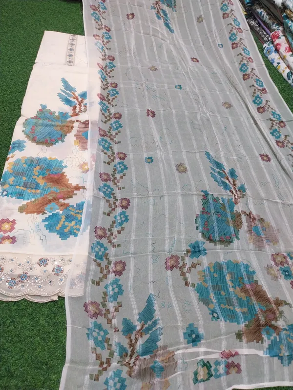 Embroidered_Floral_Unstitched_Suit_Set_With_Dupatta_-_White_With_Blue_And_Brown_Motifs