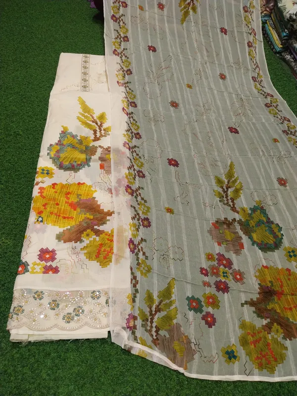Floral_Embroidered_Unstitched_Suit_Fabric_Set_-_White_With_Multicolor_Thread_Work
