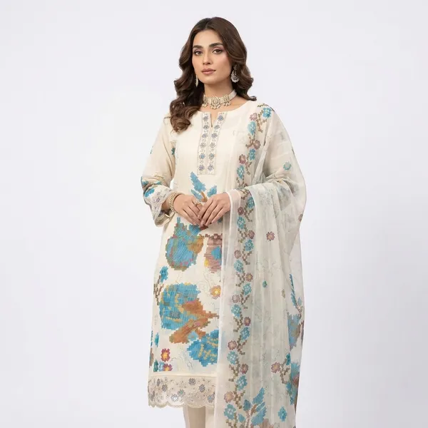Embroidered_Floral_Unstitched_Suit_Set_With_Dupatta_-_White_With_Blue_And_Brown_Motifs