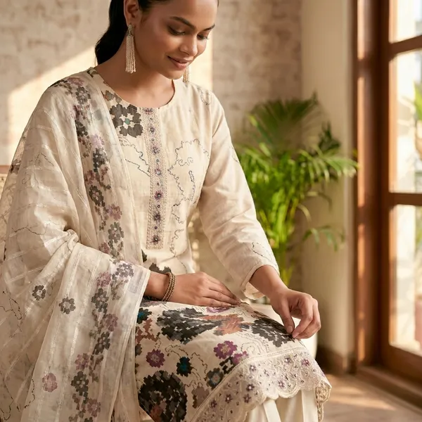 Women'S_Ethnic_Wear_-_White_Embroidered_Kurta_Set_With_Floral_Print_Dupatta