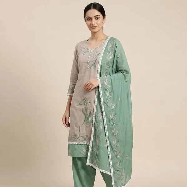 Embroidered_Floral_Dupatta_Set_-_Beige_&_Mint_Green_With_Lily_Motifs