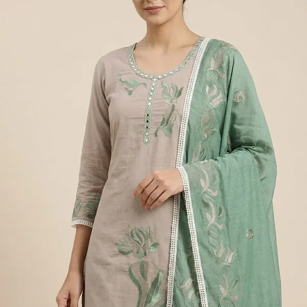 Embroidered_Floral_Dupatta_Set_-_Beige_&_Mint_Green_With_Lily_Motifs