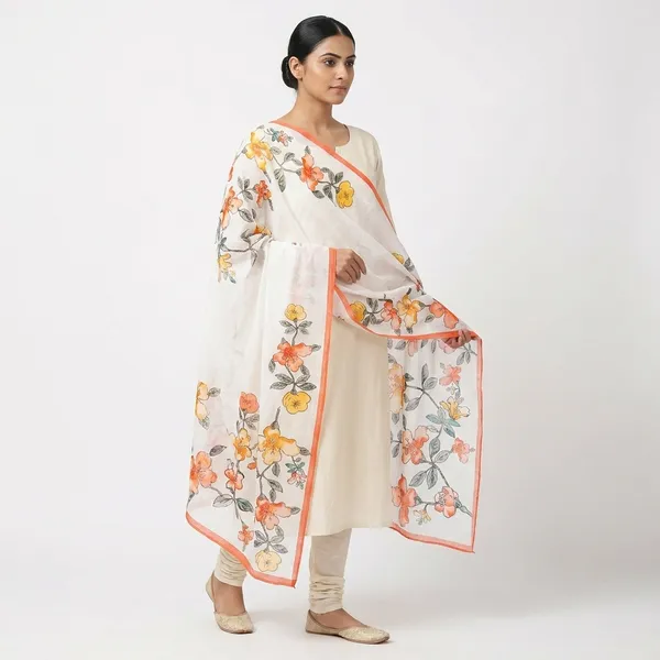 Floral_Embroidered_White_Dupatta_And_Suit_Set_With_Orange_Border
