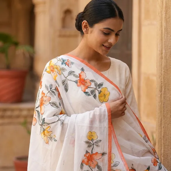 Floral_Embroidered_White_Dupatta_And_Suit_Set_With_Orange_Border