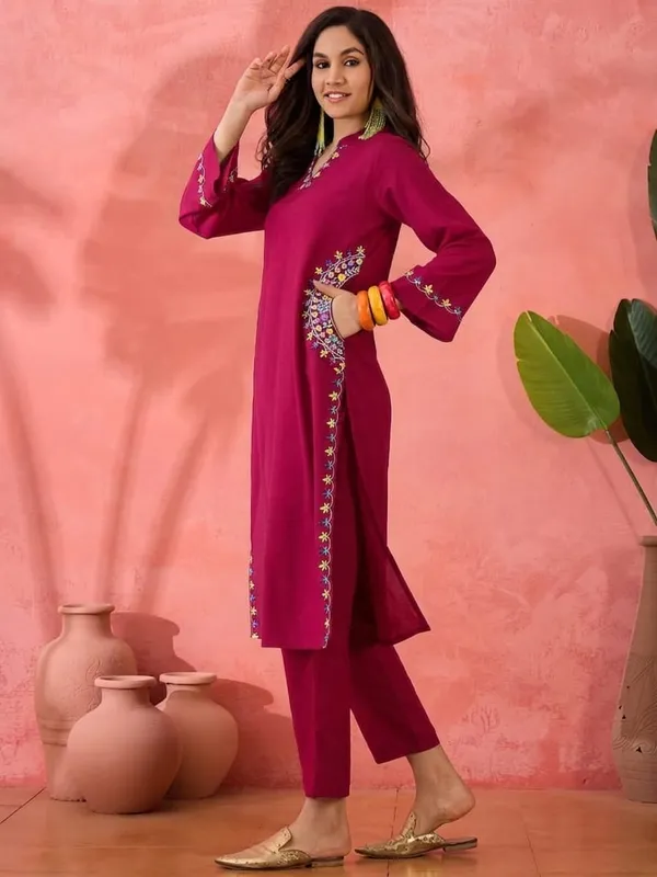 Kurta_pant_set_Embroidery_office_wear_kurta_Rani_Pink