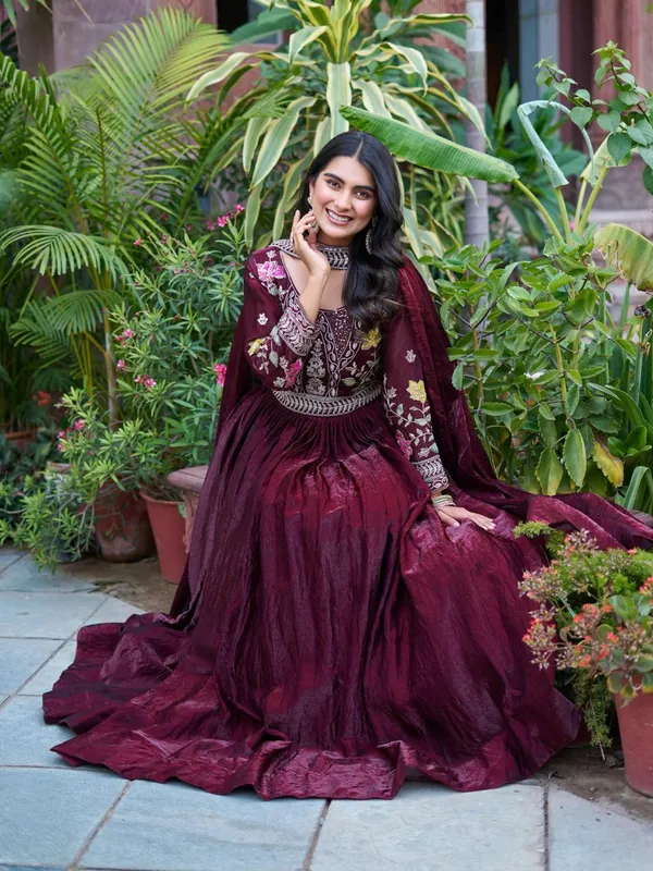 Burgundy_Silk_Long_Gown_And_Dupatta_For_Women