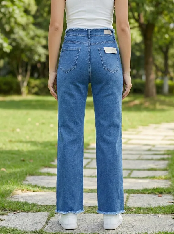 Mid_Blue_Denim_Raw_Hem_Straight_Leg_Jeans_For_Women