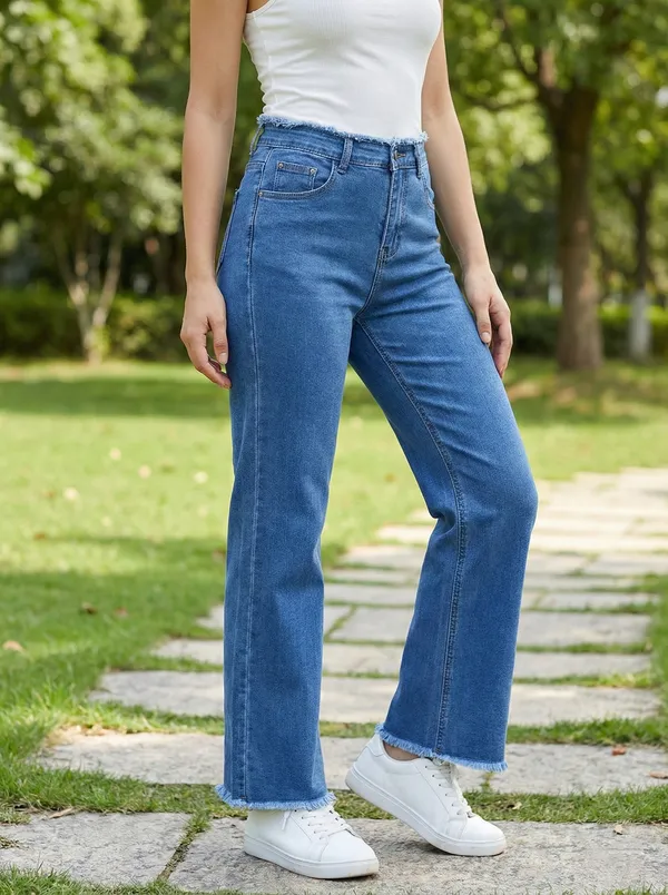 Mid_Blue_Denim_Raw_Hem_Straight_Leg_Jeans_For_Women