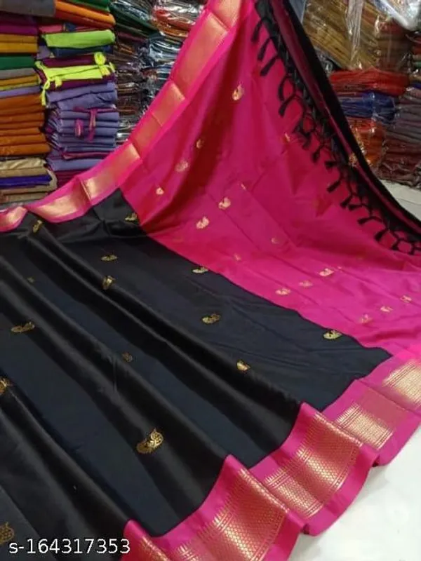 Black_Cotton_Silk_Traditional_Saree_With_Running_Blouse_For_Women