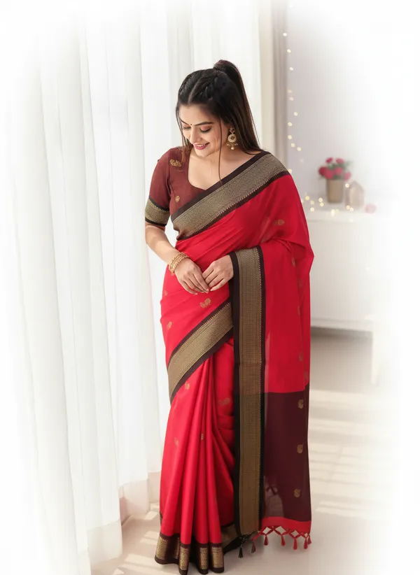 Red_Cotton_Silk_Traditional_Saree_With_Running_Blouse_For_Women