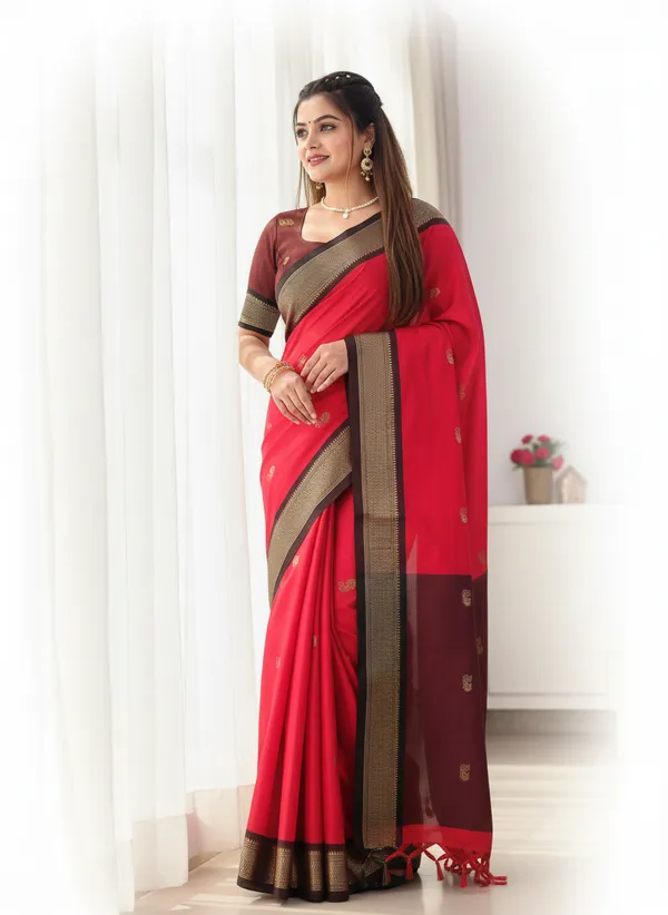 Red_Cotton_Silk_Traditional_Saree_With_Running_Blouse_For_Women