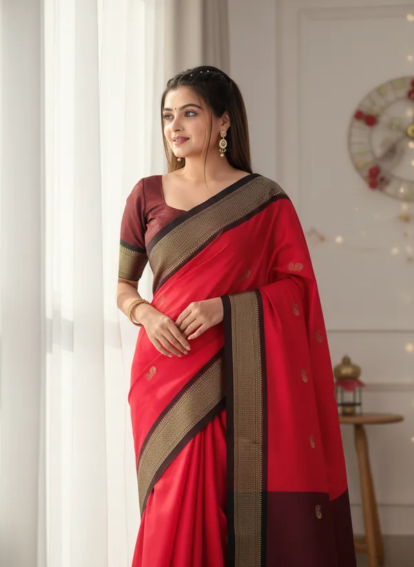 Red_Cotton_Silk_Traditional_Saree_With_Running_Blouse_For_Women