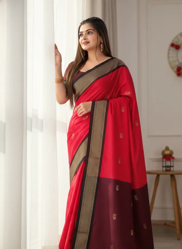 Red_Cotton_Silk_Traditional_Saree_With_Running_Blouse_For_Women