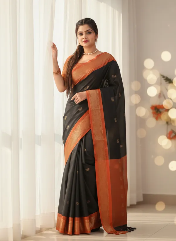 Black_Cotton_Silk_Traditional_Saree_With_Running_Blouse_For_Women