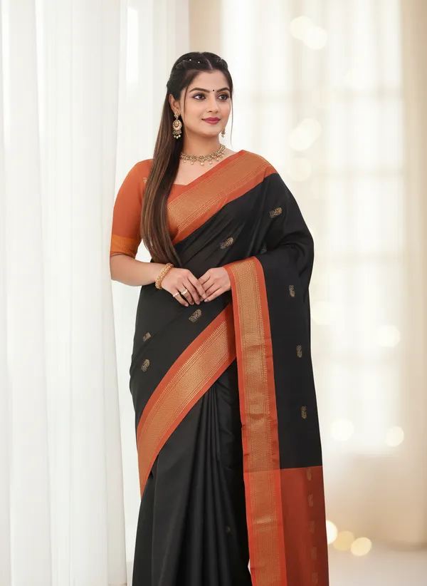 Black_Cotton_Silk_Traditional_Saree_With_Running_Blouse_For_Women