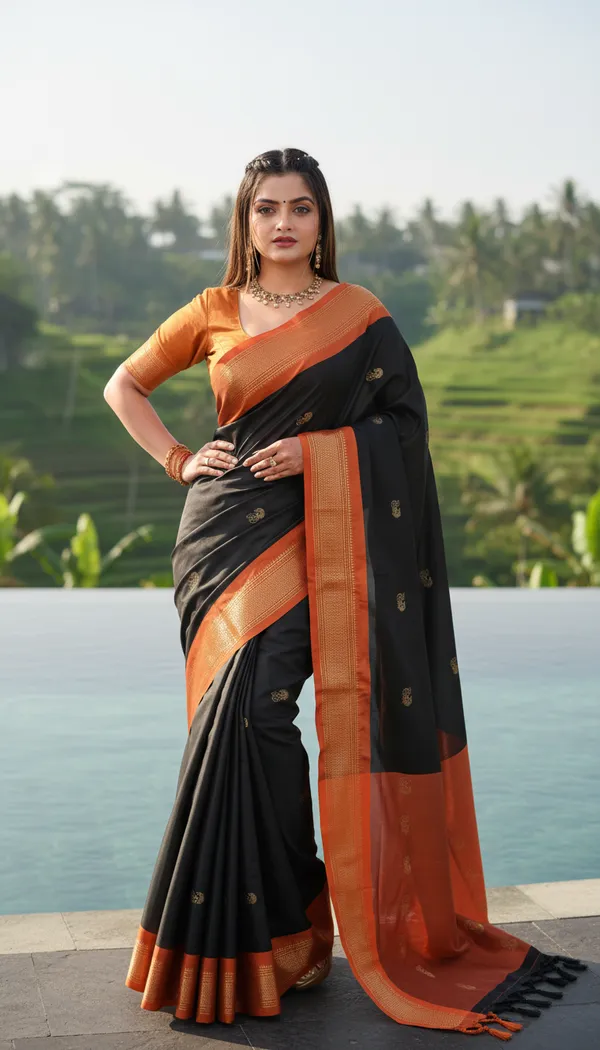 Black_Cotton_Silk_Traditional_Saree_With_Running_Blouse_For_Women