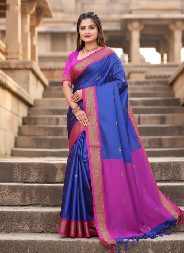 Royal_Blue_Cotton_Silk_Traditional_Saree_With_Running_Blouse_For_Women