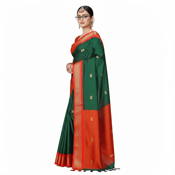 Bottle_Green_Cotton_Silk_Traditional_Saree_With_Running_Blouse_For_Women