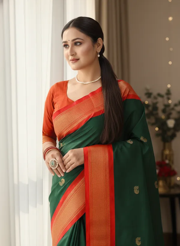 Bottle_Green_Cotton_Silk_Traditional_Saree_With_Running_Blouse_For_Women