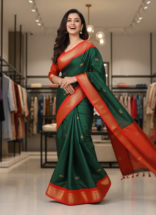 Bottle_Green_Cotton_Silk_Traditional_Saree_With_Running_Blouse_For_Women