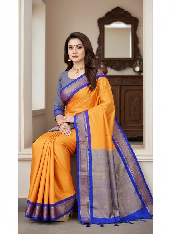 Mango_Yellow_Cotton_Silk_Traditional_Saree_With_Running_Blouse_For_Women