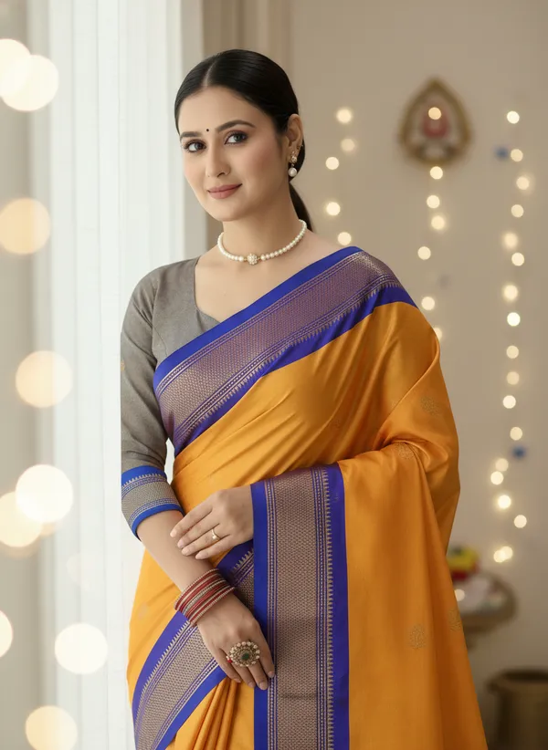 Mango_Yellow_Cotton_Silk_Traditional_Saree_With_Running_Blouse_For_Women