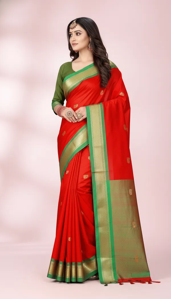 Red_Cotton_Silk_Traditional_Saree_With_Running_Blouse_For_Women