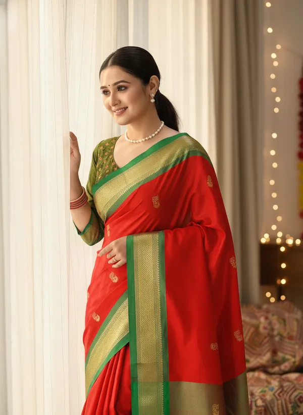 Red_Cotton_Silk_Traditional_Saree_With_Running_Blouse_For_Women