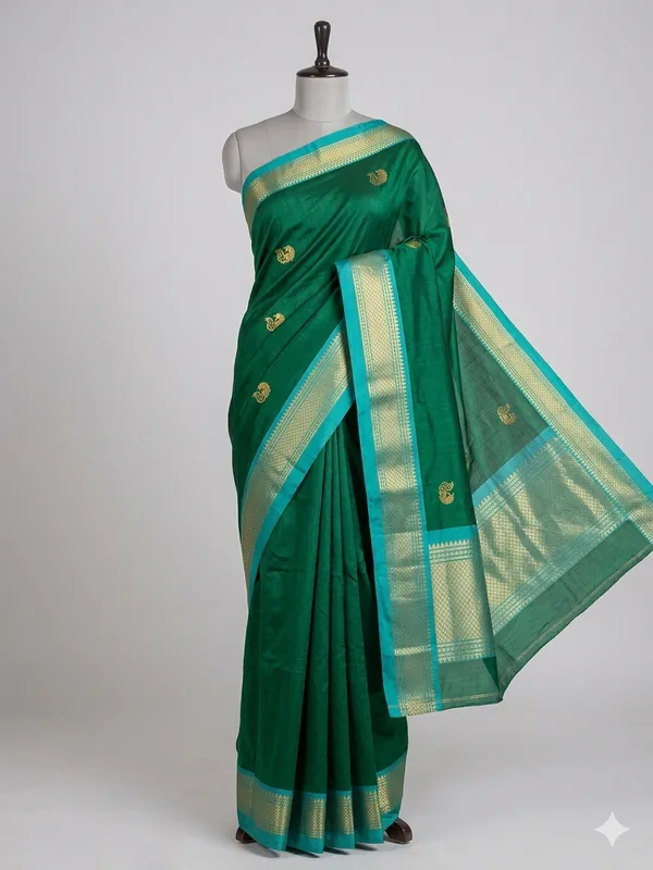 Dark_Green_Cotton_Silk_Traditional_Saree_With_Running_Blouse_For_Women