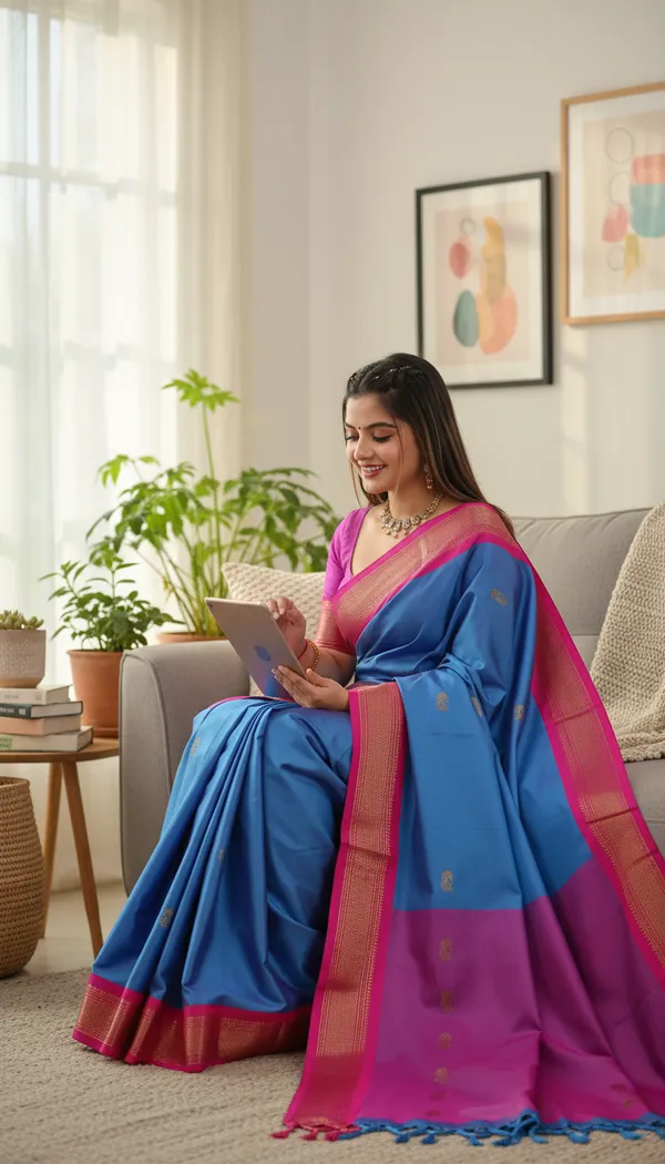 Ananda_Blue_And_Pink_Cotton_Silk_Traditional_Saree_With_Running_Blouse_For_Women