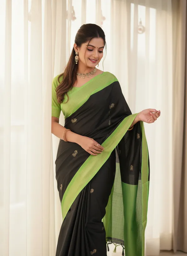 Black_Cotton_Silk_Traditional_Saree_With_Running_Blouse_For_Women