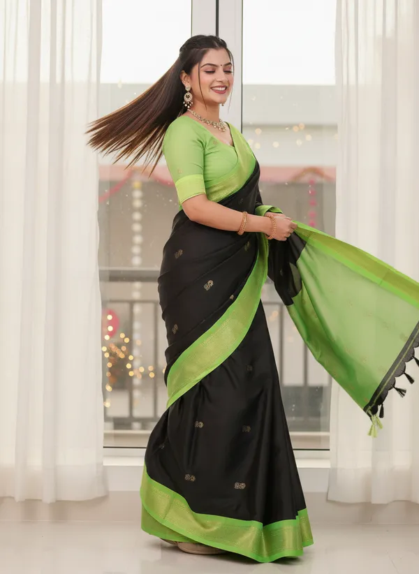 Black_Cotton_Silk_Traditional_Saree_With_Running_Blouse_For_Women
