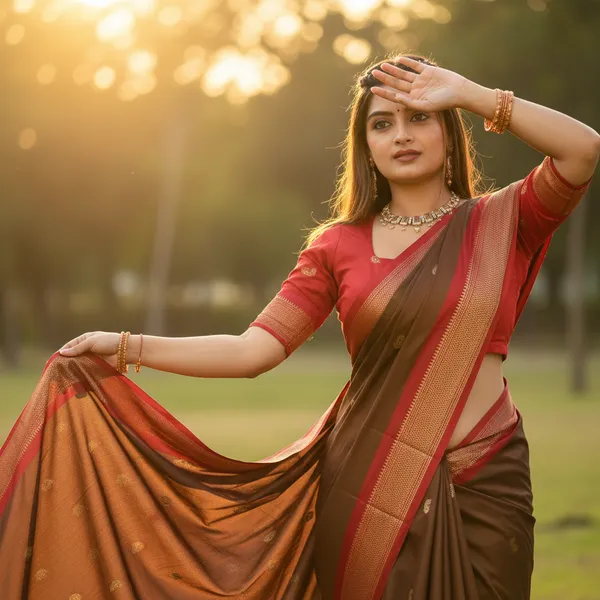 Rich_Brown_Cotton_Silk_Traditional_Saree_With_Running_Blouse_For_Women