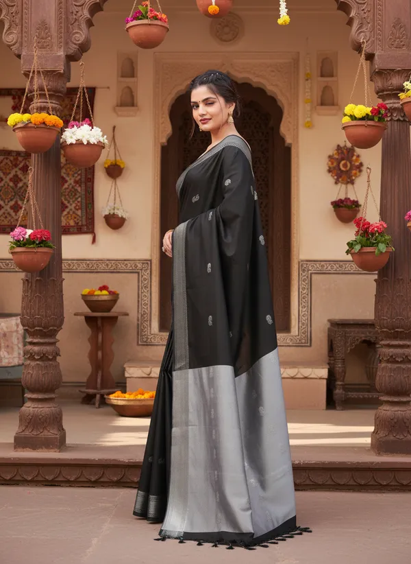 Black_Cotton_Silk_Traditional_Saree_With_Running_Blouse_For_Women