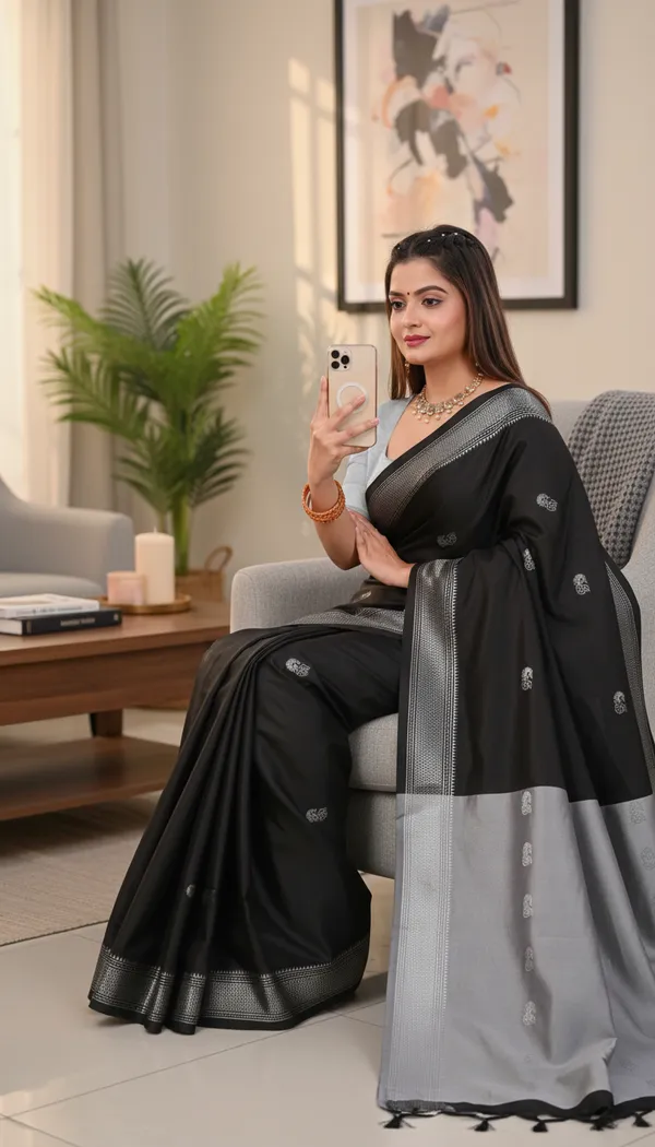 Black_Cotton_Silk_Traditional_Saree_With_Running_Blouse_For_Women