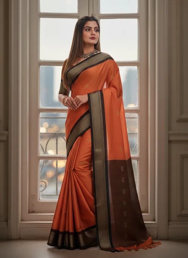 Orange_Cotton_Silk_Traditional_Saree_With_Running_Blouse_For_Women