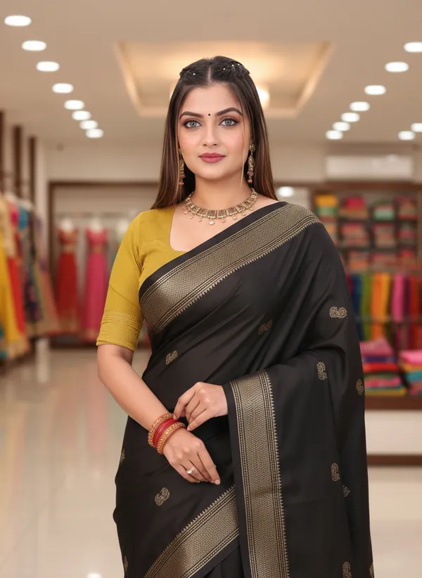 Black_Cotton_Silk_Traditional_Saree_With_Running_Blouse_For_Women