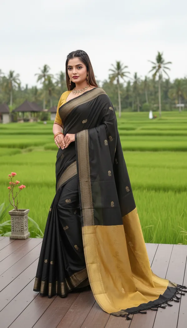 Black_Cotton_Silk_Traditional_Saree_With_Running_Blouse_For_Women