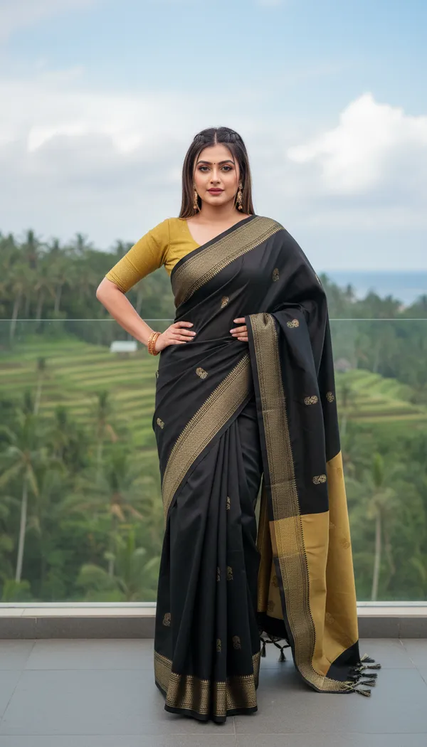 Black_Cotton_Silk_Traditional_Saree_With_Running_Blouse_For_Women