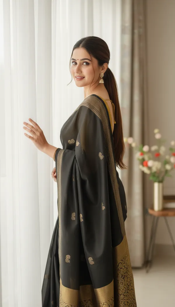 Black_Cotton_Silk_Traditional_Saree_With_Running_Blouse_For_Women