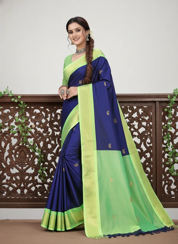 Navy_Blue_Cotton_Silk_Traditional_Saree_With_Running_Blouse_For_Women