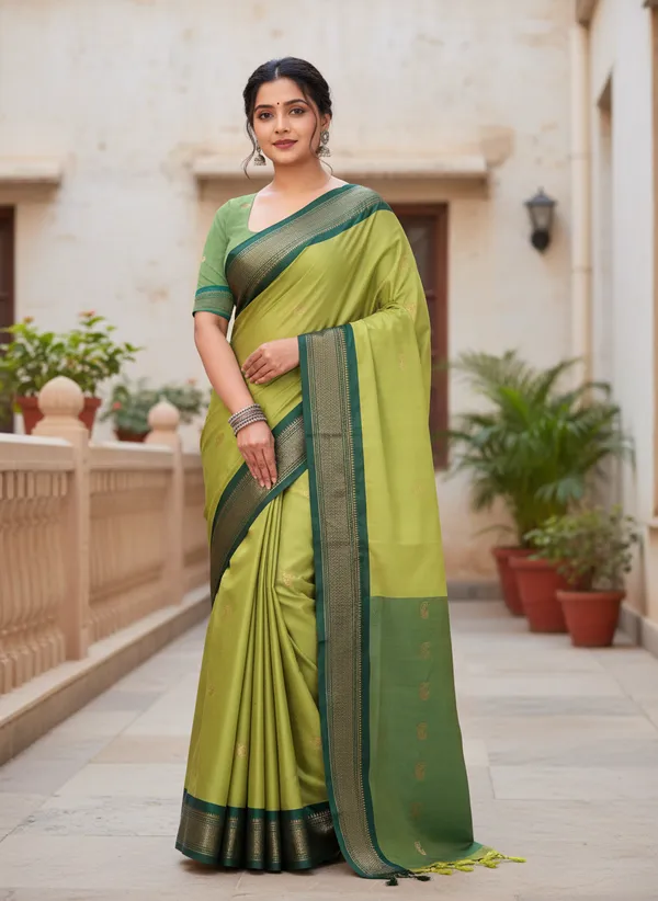 Light_Green_Cotton_Silk_Traditional_Saree_With_Running_Blouse_For_Women