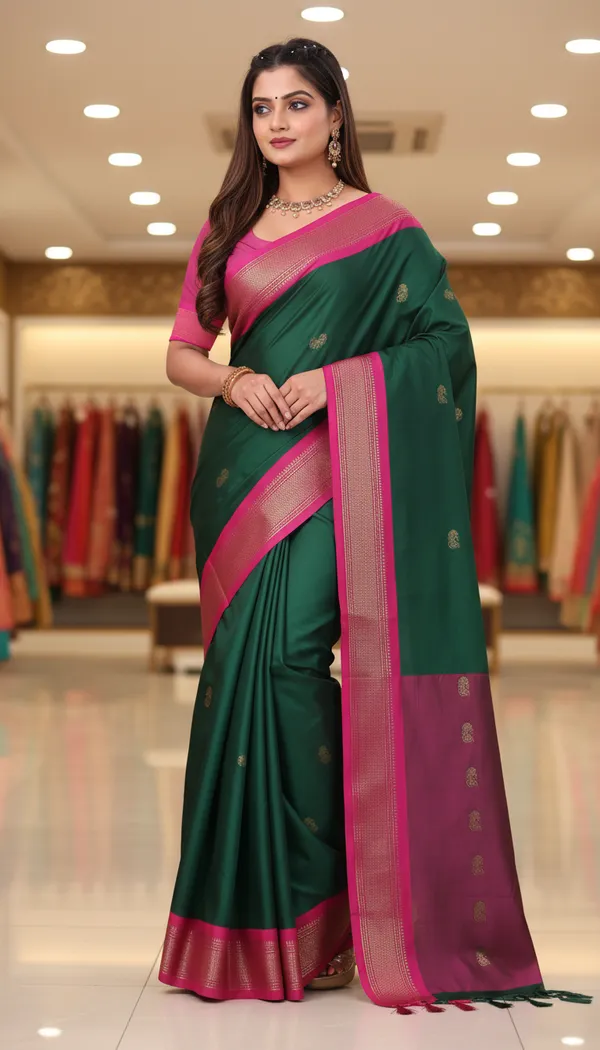 Bottle_Green_Cotton_Silk_Traditional_Saree_With_Running_Blouse_For_Women