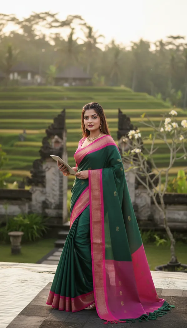 Bottle_Green_Cotton_Silk_Traditional_Saree_With_Running_Blouse_For_Women